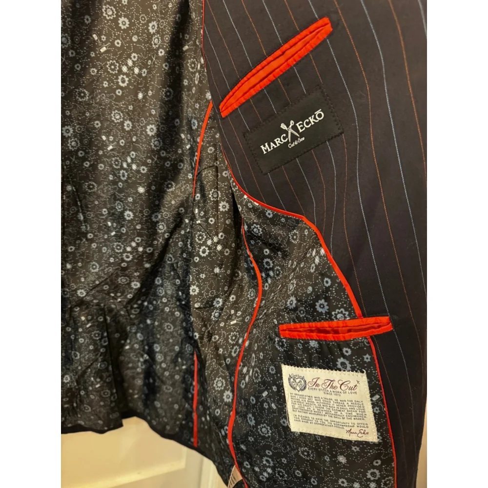 Marc Ecko Cut & Sew Navy Pinstripe Embroidered Crest Blazer Jacket XL Designer